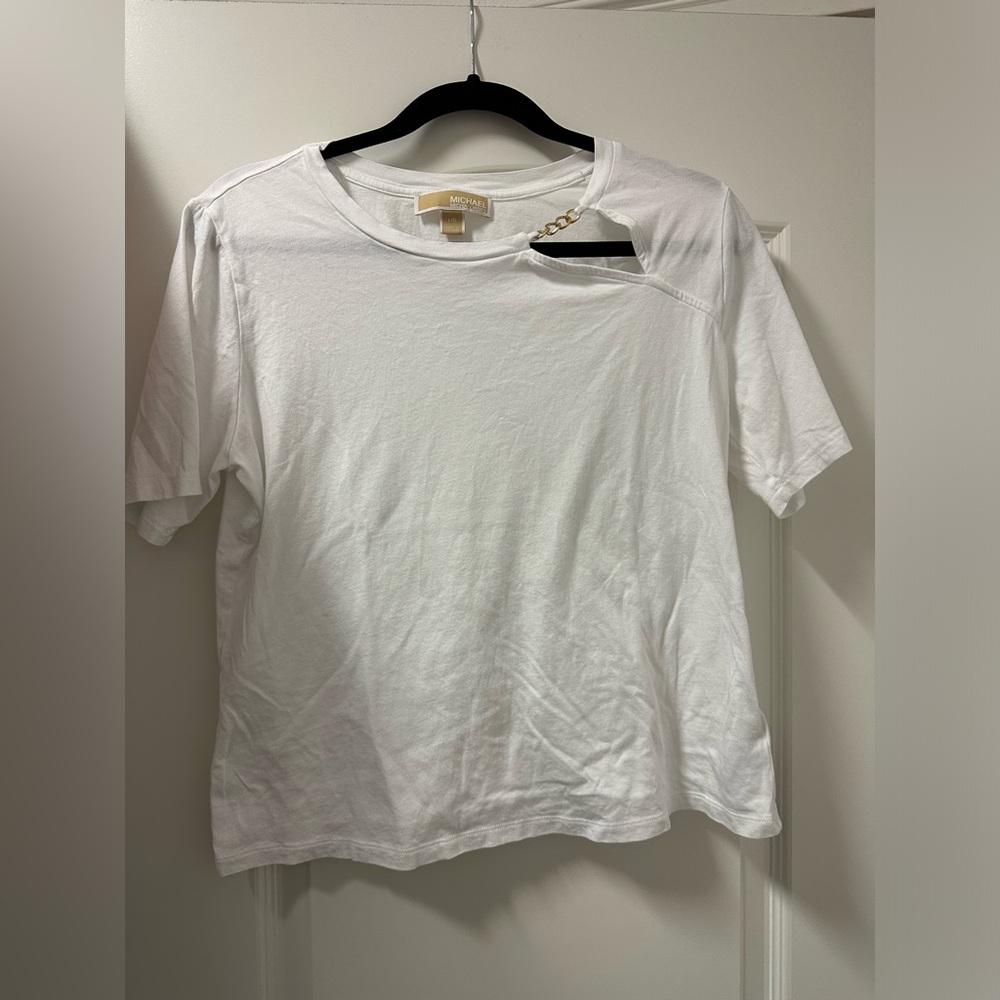 Michael Kors White Crew Neck T-Shirt with gold Chain Detail size large L